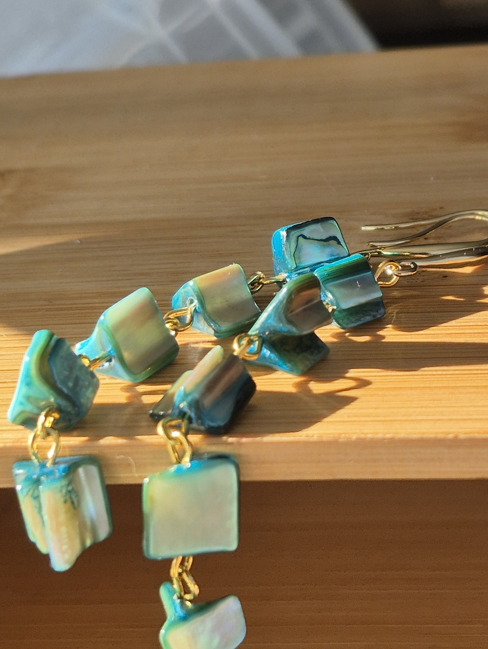 18k Gold Plated Turquoise Abalone Mother Of Pearl Drop Earrings - Picture 5 of 11